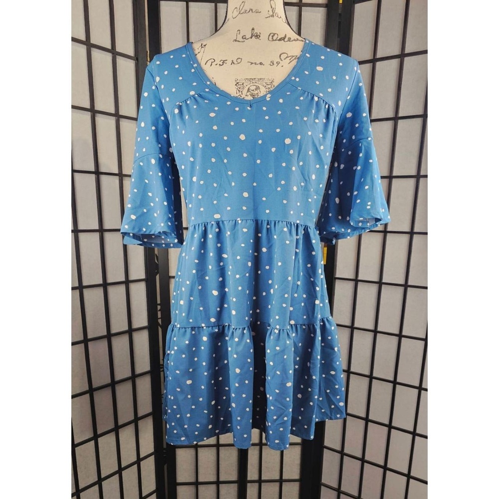 Blue Aline Polka Dot 3/4 Sleeve Dress Women Medium - Picture 2 of 4